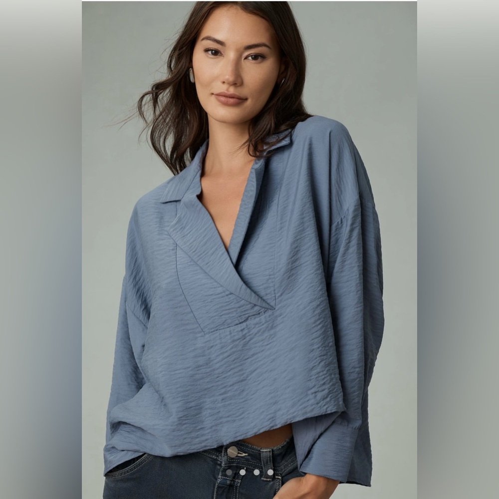 By Anthropologie Long Sleeve Wide Placet Top in Blue XL